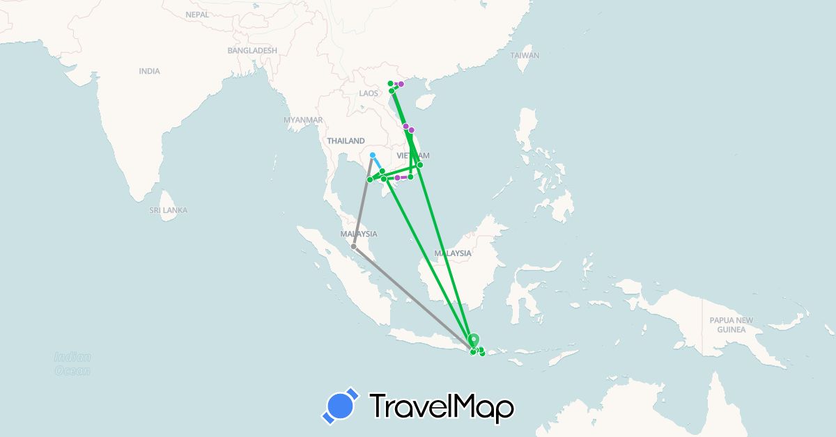 TravelMap itinerary: driving, bus, plane, train, boat in Indonesia, Cambodia, Malaysia, Vietnam (Asia)
